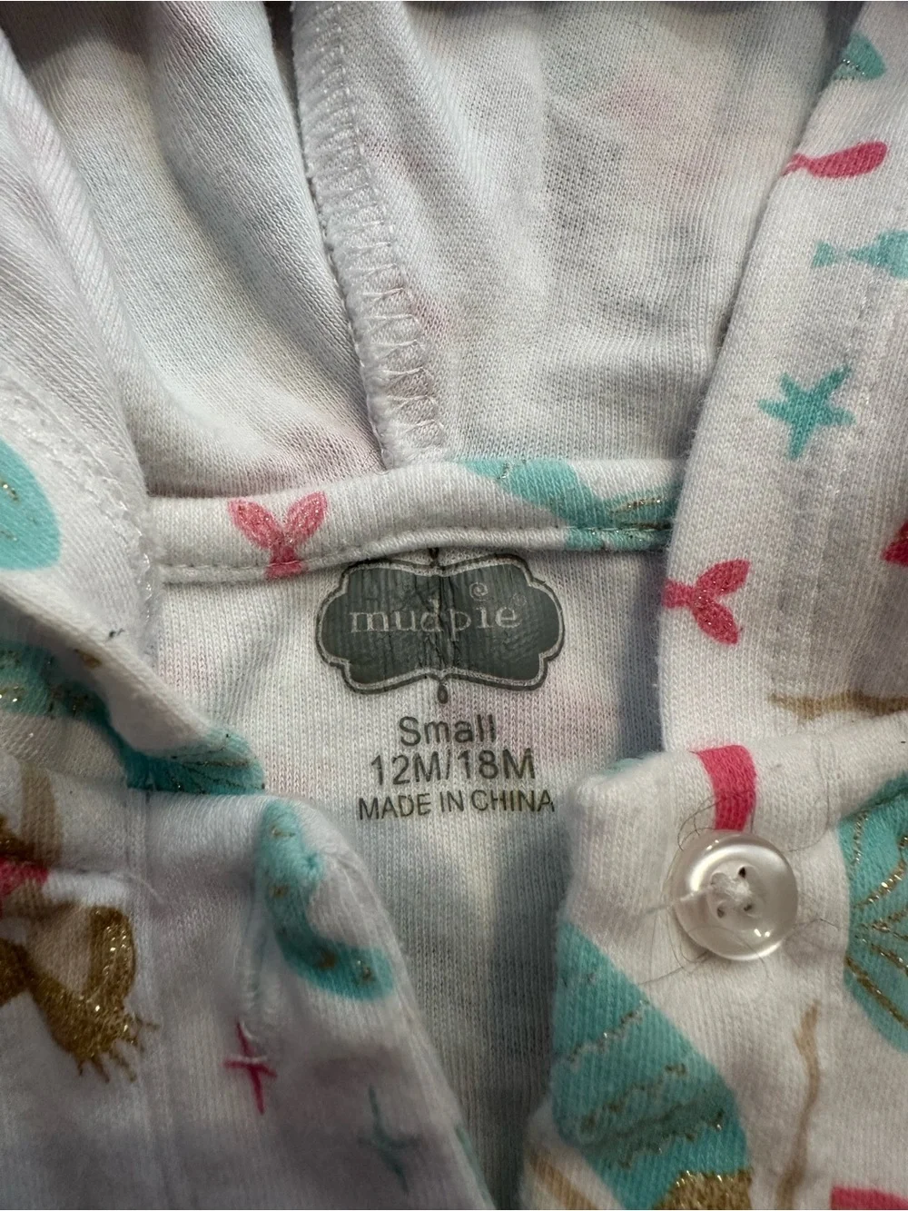 Mud Pie Hooded Swim Coverup in White with Pink & Teal Mermaid Print
